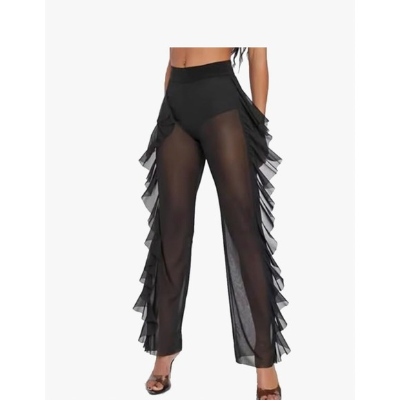 Unbranded Pants - Black Sheer Mesh Ruffle Side Tiered Pants High Waisted Festival Coverup Small
